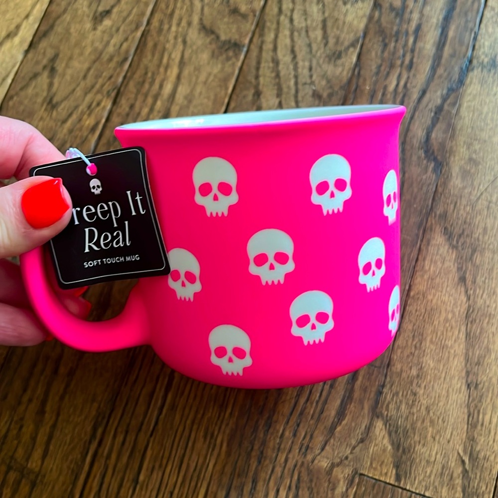 NWT neon pink Halloween skull mug